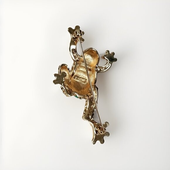 Monet Green Gold Frog Brooch Pin w Rhinestones Frog Lovers Jewelry Accessories - Picture 3 of 4